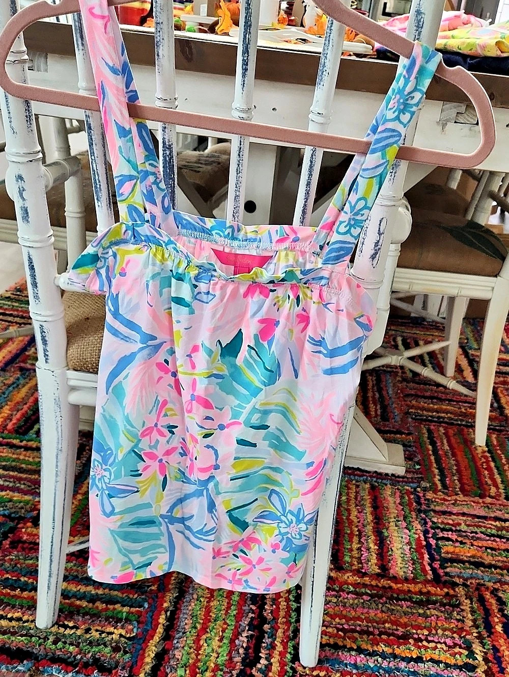 Lilly Pulitzer Gigi Ruffle Tank Top Floral Pink & Blue S